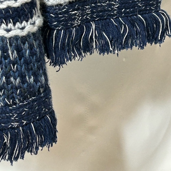 NWT FYLO London Women’s Size Large Blue White Fringe Long Hooded Stripe Sweater - Picture 6 of 8